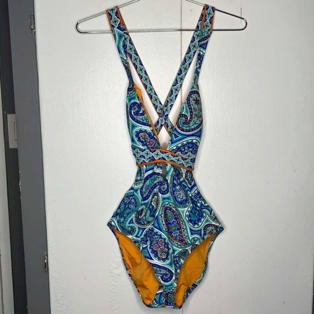 TRINA TURK Provence Paisley One Piece Swimsuit Sz 12 turquoise blue floral beach
